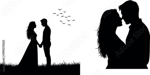 Romantic Couple Silhouette Set Featuring a Bride and Groom Holding Hands in Nature and a Close Portrait for Wedding Invitations, Anniversary Cards, and Love Themed Graphics