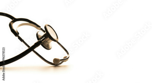 Classic medical stethoscope resting on a white surface, symbolizing healthcare, diagnosis, and patient care with soft lighting.