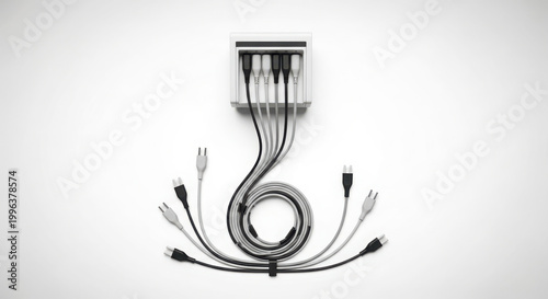 Creative arrangement of charging cables with multiple connectors, forming a stylized shape against a clean white background.