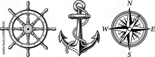 Vintage Nautical Icon Set Featuring Ship Steering Wheel Anchor with Rope and Compass Rose for Marine Travel Adventure and Maritime Logo Designs