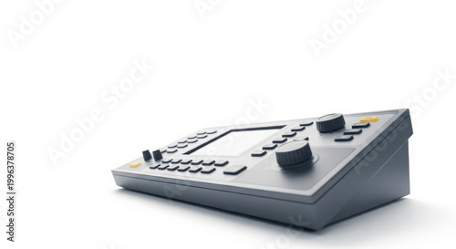 A sophisticated electronic control panel for medical equipment, featuring tactile buttons, a screen, and rotary dials, set against a clean white background.