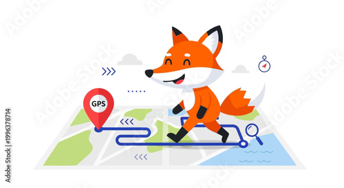 A cartoon fox on a map with route.