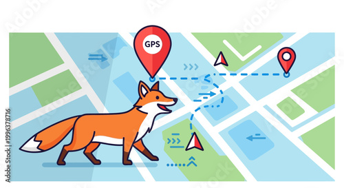 A cartoon fox using GPS navigation on a map.