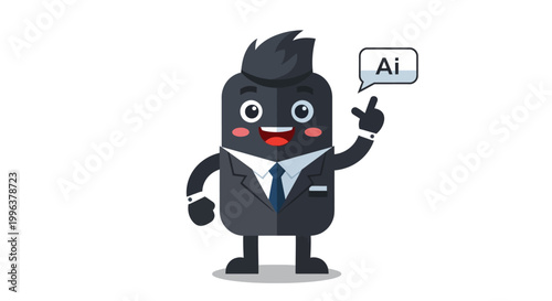 A cheerful cartoon character in a business suit with a speech bubble.