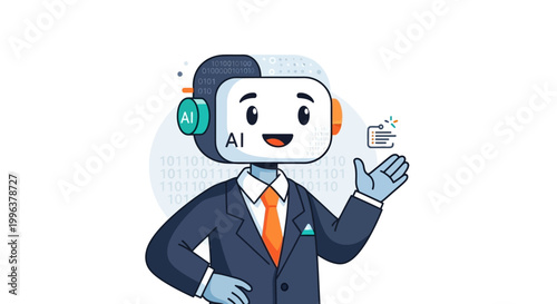 A cartoon robot character in business attire with headphones.