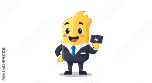 A cheerful cartoon character in business attire holding AI sign.