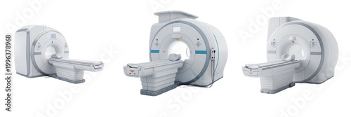 Obraz na płótnie Modern Medical MRI Scanner Machine PNG Set Isolated on White Background for Hospital Equipment, Healthcare Technology, Realistic Tech Gadget Graphic Design Assets