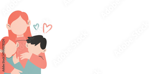 Flat vector illustration of a loving mother hugging her son and daughter