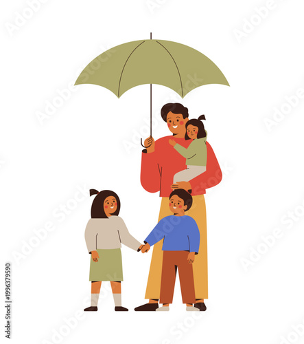 happy young man protect his children by umbrella. Family support and childcare concept. Fathers day concept. vector illustration