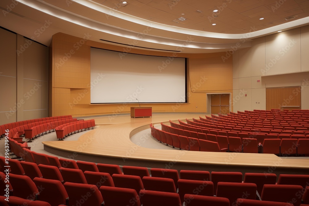 Naklejka premium Empty modern auditorium or lecture hall with red chairs and a wooden podium, ready for a conference or presentation