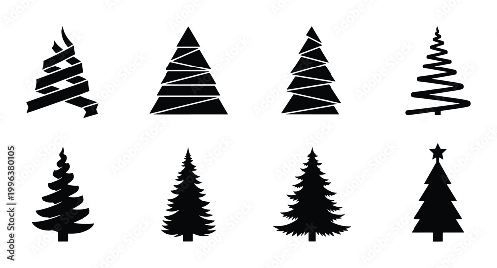 Obraz premium Set of 8 Black Christmas Tree Silhouettes, Festive Vector Icons for Holiday Design, Winter Celebration Graphics, Modern Tree Shapes