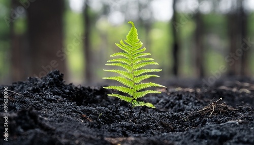 one small fern seedling growing from black burnt soil in a forest to signify the concept of new growth and revival