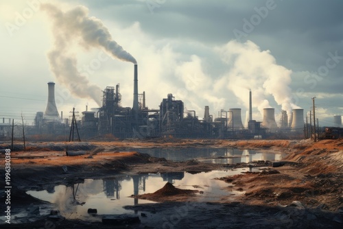 Smoke billowing from industrial chimneys pollutes a desolate landscape, highlighting environmental damage