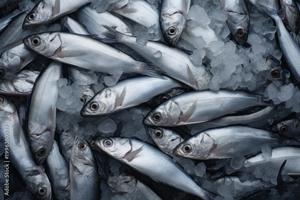 Obraz premium Freshly caught herrings preserved on ice, ready for sale at a fish market, showcasing the abundance of seafood