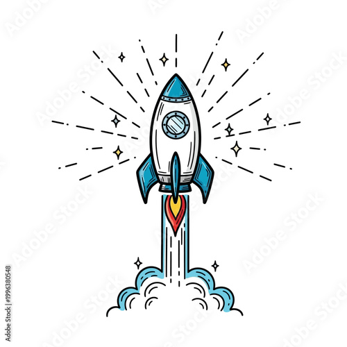 A cartoon rocket ship blasting off into space with colorful sparks and smoke.