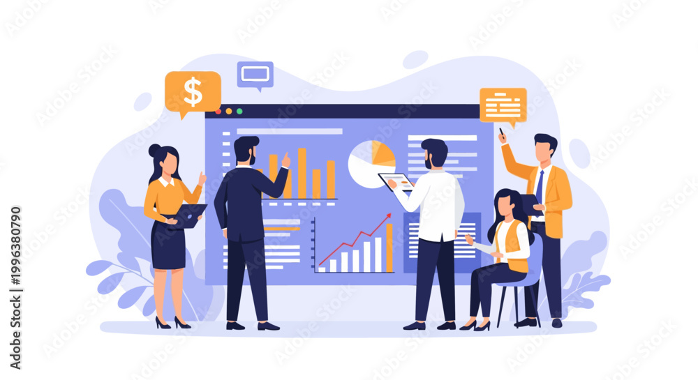 Obraz premium Business Data Analysis Team Collaborating on Corporate Strategy Dashboard Illustration