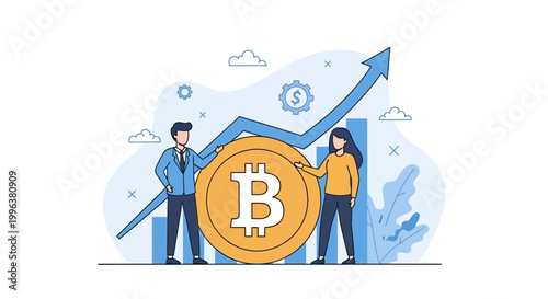 Bitcoin Growth and Cryptocurrency Investment Concept - Flat Vector Illustration of Business People with Bitcoin Coin, Upward Arrow and Financial Charts for Fintech.