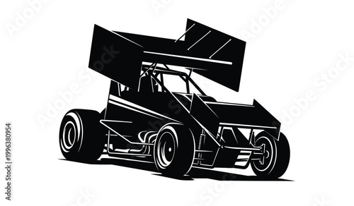 Foto A striking black silhouette depicts a sprint racing car with a prominent wing ca