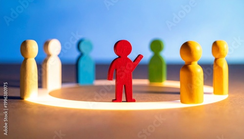 A vibrant visual of a circle of wooden figurines, with one central, red figure gesturing outwards, radiating leadership and a sense of belonging.