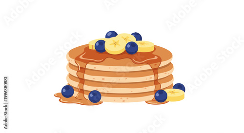 A stack of pancakes with blueberries and syrup in a vector graphic illustration