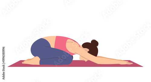 A woman practices yoga on a pink mat in a serene and peaceful environment