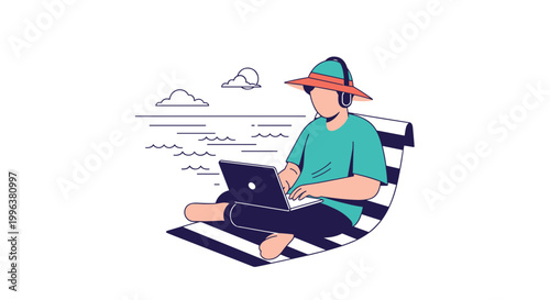 A man in a beach chair working on his laptop by the ocean