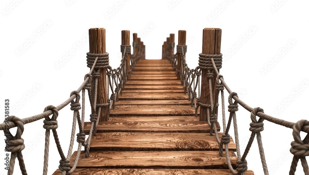 Obraz premium Rustic wooden rope bridge with weathered planks and posts, isolated on transparent background