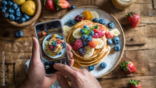 Person Taking Photo of Fresh Pancakes with Berries