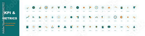KPI and metrics icon set, 54 flat line business icons for data analysis, professional financial performance indicators and marketing statistics symbols