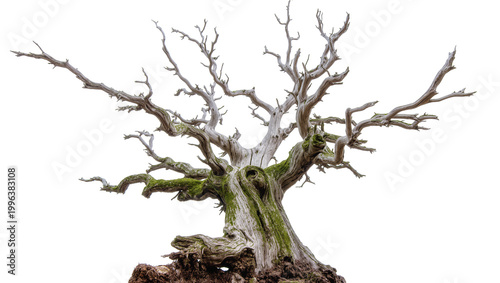 Bild auf Leinwand Gnarled ancient dead tree with mossy trunk, isolated on transparent background