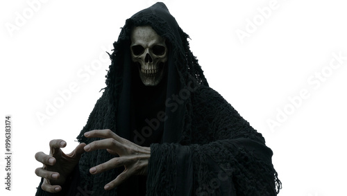 Valokuva Grim reaper with skeletal face and dark hooded robe, isolated on transparent bac