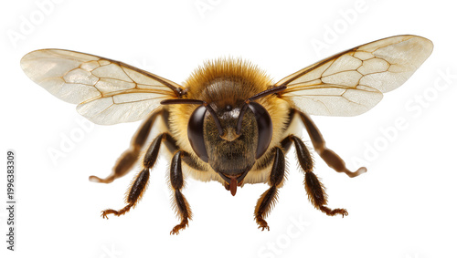 Photos Detailed macro view of a fuzzy honey bee with translucent wings, isolated on tra