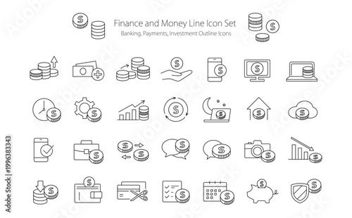 Finance and Money Line Icon Set – Banking, Payments, Investment Outline Icons