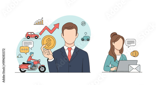 Business Growth and Financial Investment Vector Illustration. Professional characters managing wealth, automotive savings, and digital transactions in a clean flat design style.