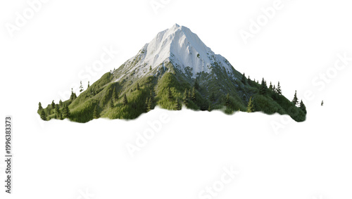 Canvas Print Snow-capped mountain peak with green forested slopes, isolated on transparent ba