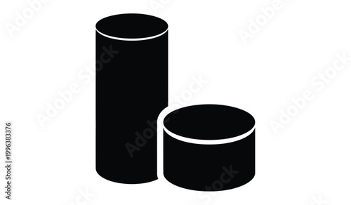 A minimalist composition showcases two cylindrical and one circular forms in solid black against a white background presented as a silhouette high quality professional