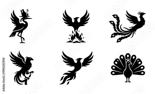 Bild auf Leinwand Mythical Bird Silhouettes Collection: Phoenix, Peacock, and Crane Icons, Vector