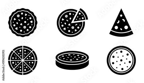 Minimalist pizza icon set, black and white flat vector illustrations of whole pizzas and slices, 6 food delivery and restaurant menu symbols