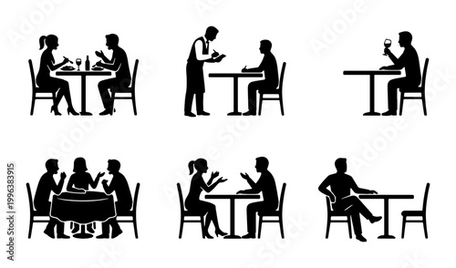Restaurant dining silhouettes set, people eating at cafe tables vector icons, waiter serving customers and couples on dates in black and white