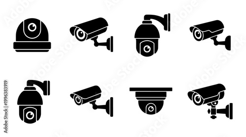 Security camera icon set, black CCTV surveillance vector symbols, 8 professional monitoring system elements for safety and protection