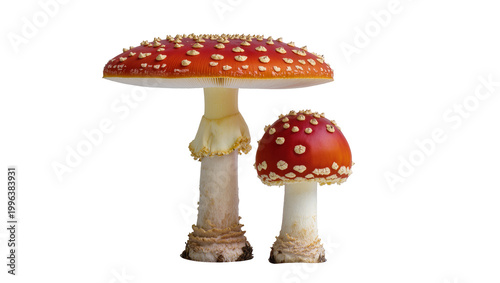 Two red and white spotted Amanita muscaria mushrooms, isolated on transparent background