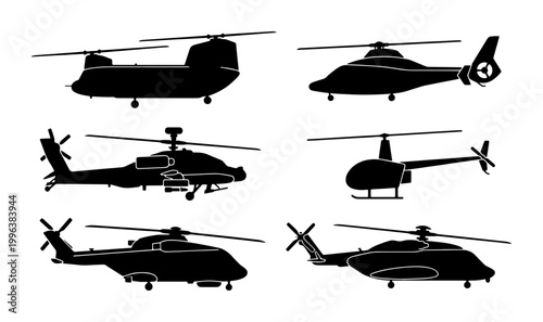 Military and civilian helicopter silhouette set, 6 black vector aircraft icons, transport and attack chopper collection for aviation design