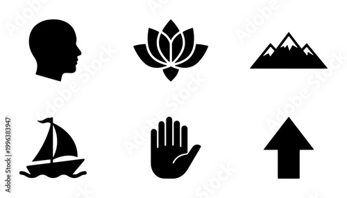 Minimalist black icon set with 6 vector elements, flat silhouette symbols of human head, lotus flower, mountains, sailboat, hand, and arrow