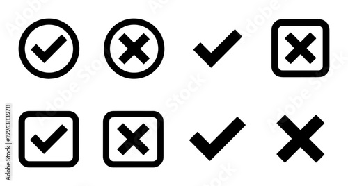 Minimalist check mark and cross icon set, black tick and x marks in circles and squares, 8 vector symbols for ui design and validation