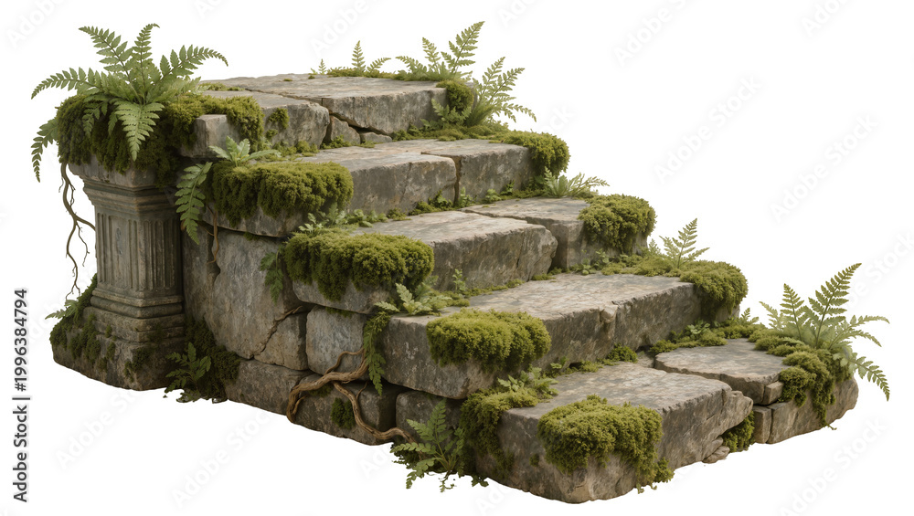 Fototapeta premium Ancient moss-covered stone stairs with ferns, isolated on transparent background