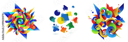 Abstract Colorful Geometric Shape Set with 3D Swirls and Fluid Elements, Creative Multi Color Dynamic Composition for Modern Graphic Design, Realistic 3D Render Isolated on White Background