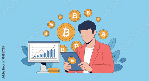 Cryptocurrency Investor Analyzing Bitcoin Market Trends with Growth Charts and Digital Tablet Flat Vector Illustration
