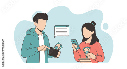 Online Payment and Personal Finance Concept Illustration with Couple Managing Cash and Digital Wallet