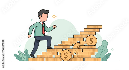 Businessman Climbing Staircase of Gold Coins Representing Financial Success and Career Growth