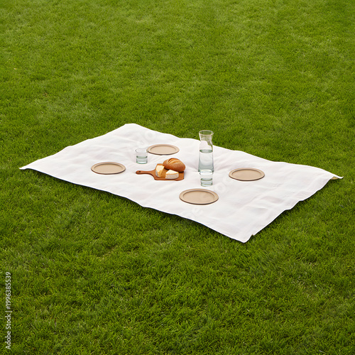 Picnic setup on a white blanket in a lush green grassy field with plates and glasses